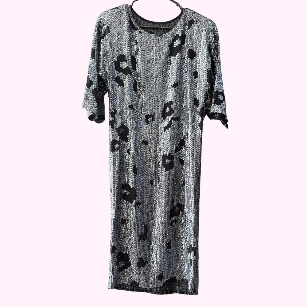 Ann Rjian for Kenar Silk Hand Beaded Leopard Shear Sheath Dress 🖤 Vintage 80s